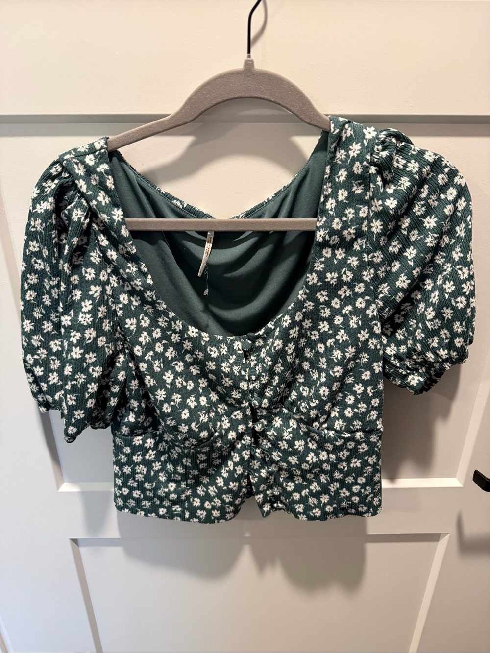 Free People Floral Puff Sleeve Crop Top Women M Green Cottagecore Peplum Blouse